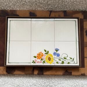 Framed Vienna Hand Painted Tile Trivet Large Oak Tray Signed